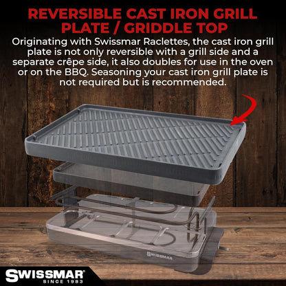 Swissmar Classic 8-Person Raclette Party Grill - Indoor Electric Grill & Griller with Reversible Cast Iron Grill Plate/Crepe Top - Anthracite Black