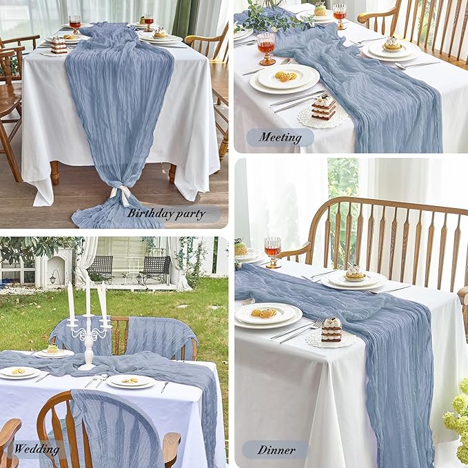 IVAPUPU 2 Pcs Cheesecloth Table Runner - 10ft Dusty Blue Spring Boho Gauze Cheese Cloth Table Runners for Baby Shower Decorations Wedding Party Garden Farmhouse