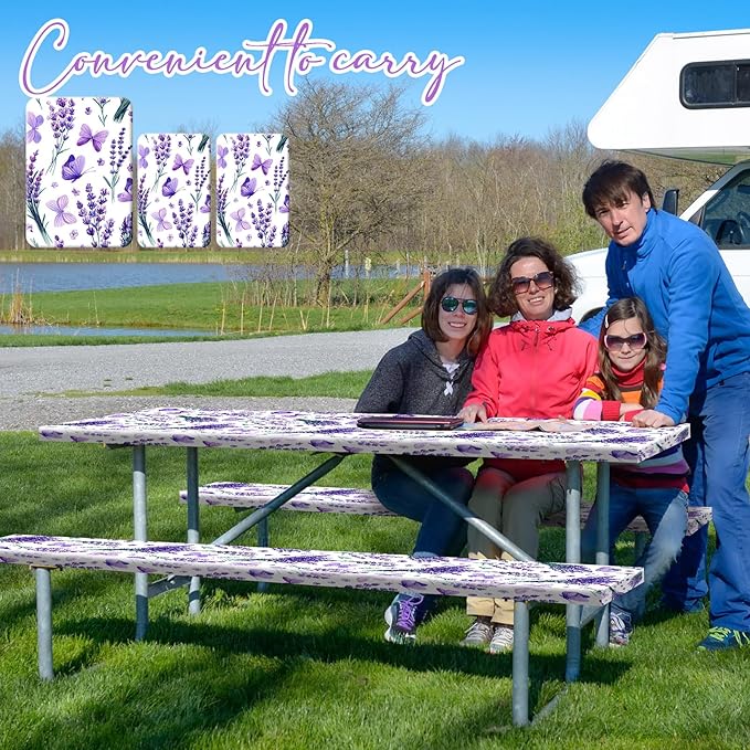 Boao 3 Pcs Vinyl Picnic Table Cover with Bench Cover 6 ft 30 x 72 Inch Waterproof Fitted Tablecloth Flannel Backing Rectangular Elastic Edged for Camping Outdoor Patio Travel(Lavender)