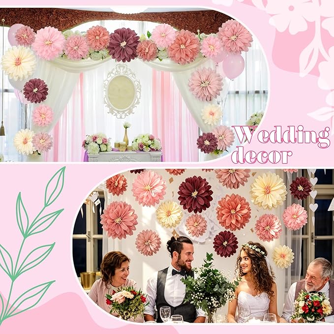 Geyee 18 Pcs Mexican Paper Flowers Colorful Fiesta Tissue Paper Flowers Pom Poms Mexican Carnival for Floral Party Backdrop Wedding Birthday Party Craft (Vintage Color,10" 12" 14")