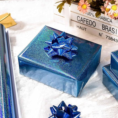 Burymento Blue Wrapping Paper Roll, Metallic Holographic Point Gift Wrap for Birthday, Valentines, Mothers day, Graduation, Wedding, Fathers day, Baby Shower, Christmas (17 IN x 32.8 FT)