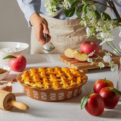 Sweese Porcelain Deep Fluted Pie Dish for Baking - 9 inch Porcelain Pie Plate for Apple, Quiche, Pot Pies, Tart - Leaf - Brown