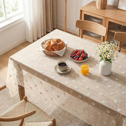 Horaldaily Champagne Embroidery Daisy Spring Summer Gauze Tablecloth 60×104 Inch Rectangular, Seasonal Tulle Table Cover, Garden Party Decorations for Wedding, Party, Holiday Dining