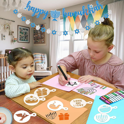 Julbear 36 Pcs Reusable Hanukkah Cake Cookie Stencils Dreidel Menorah for Cookies Coffee DIY Hanukkah Holiday Baking Painting Dessert Craft Decoration