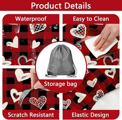 Valentines Day Picnic Table Cover with Bench Covers, Camping Essentials, Heart Buffalo Plaid Outdoor Table Covers, Waterproof Windproof, Fitted Tablecloth Cover with Elastic Edge, 3 PCS, 30x60 Inch