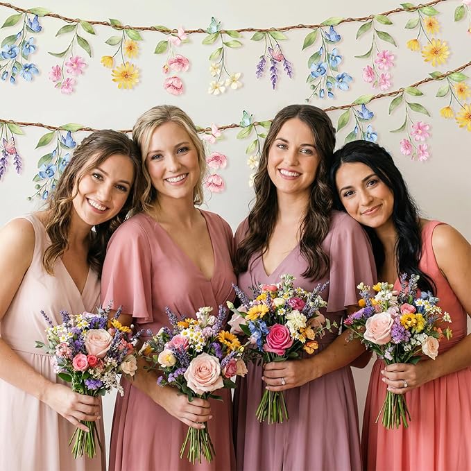 2 Pcs Wildflower Garland, Wildflower Party Decorations Reusable Garden Flower Banner for Baby Shower Birthday Spring Fresh Off the Market Bridal Shower Girl Party