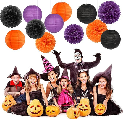 Purple-Orange Black Party-Decorations Paper-Flowers Lanterns - 15PCS Halloween Tissue Pom Poms Streamers,Vintage Birthday Retro Baby Bridal Shower Wedding Bachelorette Hanging Supplies Decor Hugfond