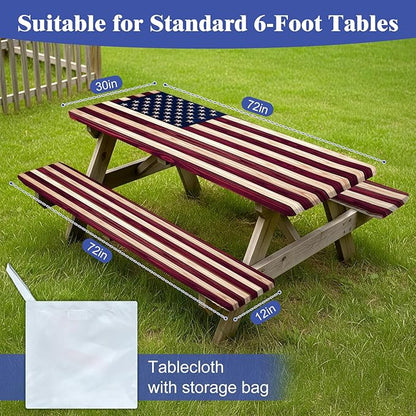 Picnic Table Cover with Bench Covers Windproof Waterproof Picnic Table Covers Camping Tablecloth with Self-Storage Bag, 72in, Vintage Wood Flag