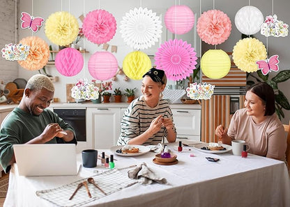 20pcs Spring Wildflower Party Decorations – Hanging Paper Fans, Pom Poms, Lanterns for Fairy Birthday, Garden Tea Party, Wedding Floral Decor, Baby in Bloom Shower