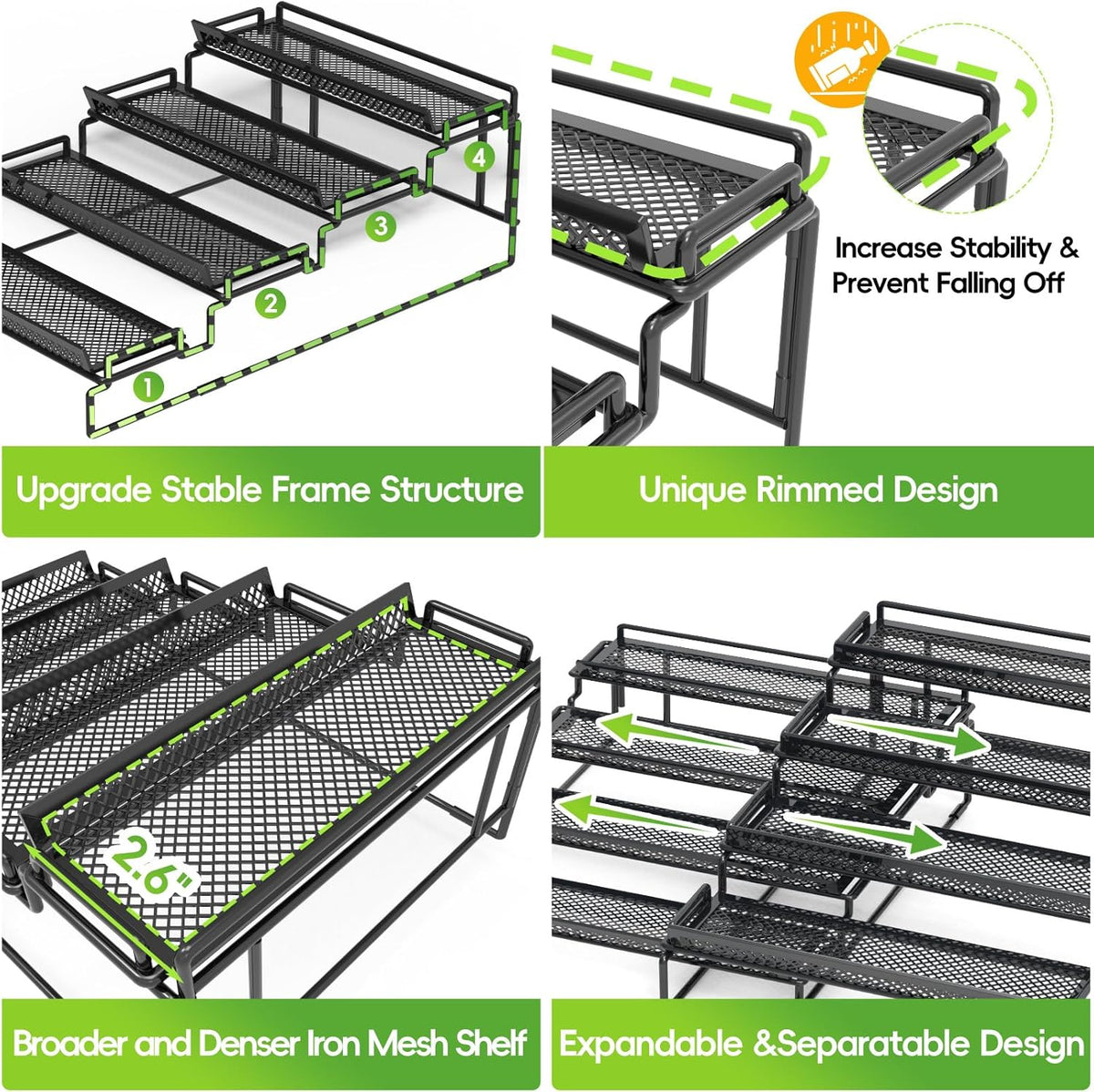 4 Tier Adjustable Spice Rack Organizer for Cabinet - Black (2 Pack) | Expandable Spice Shelf with Protection Railing for Inside Cabinets, Countertop, Pantry Storage & Seasoning Organization