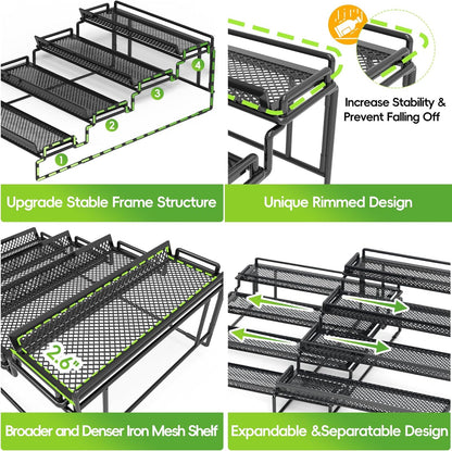4 Tier Adjustable Spice Rack Organizer for Cabinet - Black (2 Pack) | Expandable Spice Shelf with Protection Railing for Inside Cabinets, Countertop, Pantry Storage & Seasoning Organization
