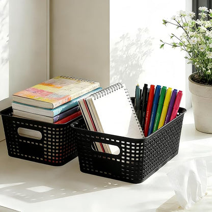 6-Pack Stackable Plastic Woven Storage Baskets with Lids, Hollow Out Weave Bins with Handles + 2 Kraft Labels (BlackBasket-BlackLid)