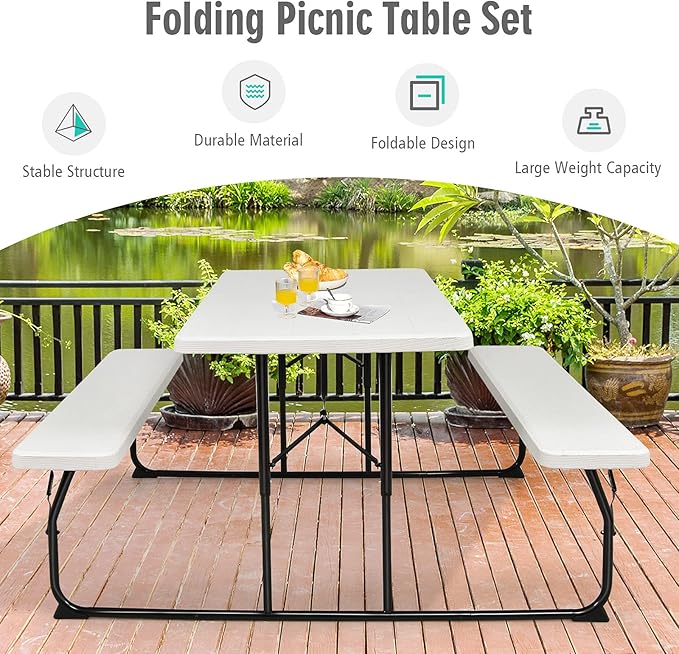 GYMAX Picnic Table, 550 LBS Folding Picnic Tables with Benches & Seats, Weather-Resistant Easy Setup Portable Picnic Table, Wood-Like Foldable Picnic Tables for Outdoors Patio Deck Party BBQ (White)