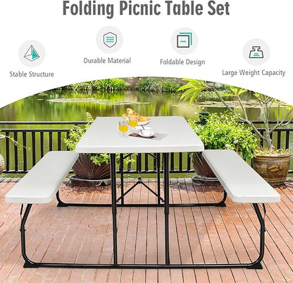 GYMAX Picnic Table, 550 LBS Folding Picnic Tables with Benches & Seats, Weather-Resistant Easy Setup Portable Picnic Table, Wood-Like Foldable Picnic Tables for Outdoors Patio Deck Party BBQ (White)