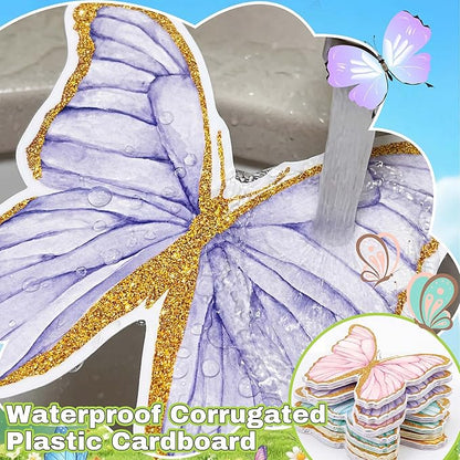5 Pcs Giant Butterfly Garden Stakes Decorations, 3D Glitter Butterfly Yard Signs Spring Lawn Outdoor Decorative for Purple Tea Party Graduation Fairy Birthday Wedding Baby Shower Patio Decor