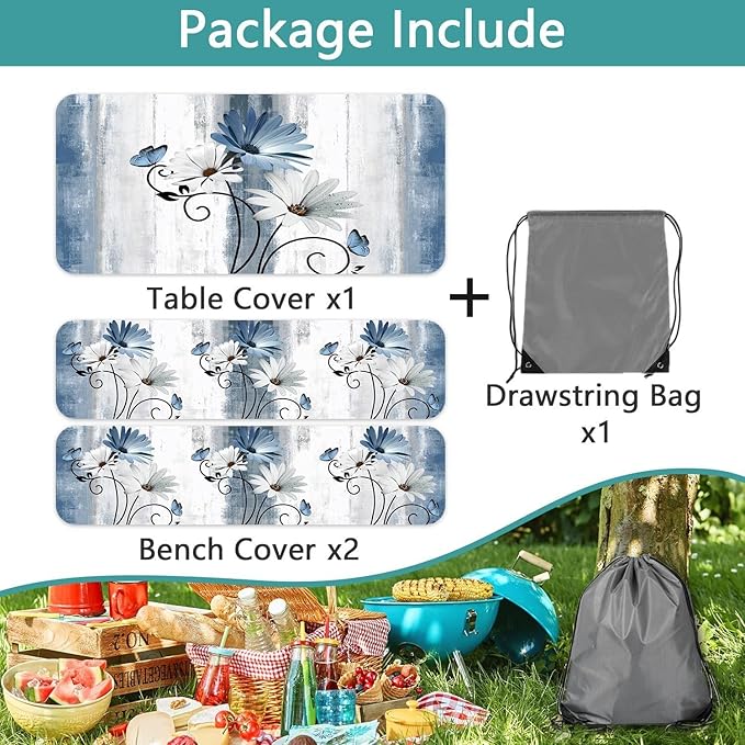 Rustic Farmhouse Blue Flower Picnic Table Cover with Bench Covers, Waterproof Blue Daisy Floral Flowers Butterfly on Country Wooden for Camping Indoor Outdoor Party Decorations, 30X72in