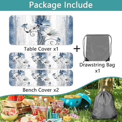 Rustic Farmhouse Blue Flower Picnic Table Cover with Bench Covers, Waterproof Blue Daisy Floral Flowers Butterfly on Country Wooden for Camping Indoor Outdoor Party Decorations, 30X72in