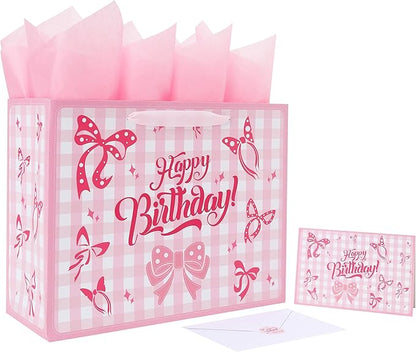 Qirrmiy 13'' Large Birthday Gift Bag Set with Handles, Greeting Card, Purple Tissue Papers and Stickers for Girls Women Kids Teens for Birthday Party, girl's Party, Baby, Bow Design, 1 Pcs