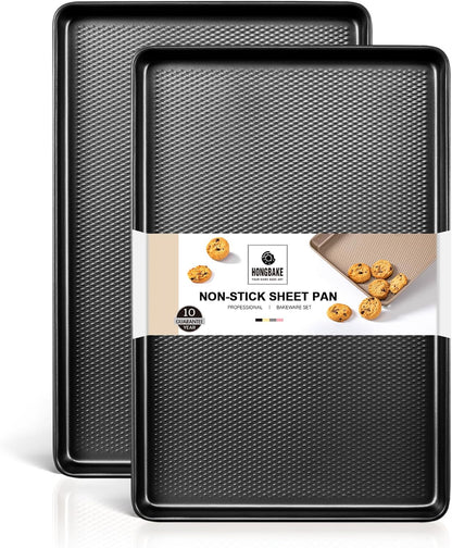 Hongbake 2 Pack Half Sheet Pan Set, 1/2 Cookie Sheets for Baking with Diamond Texture, 17.5" x 12" Large Baking Sheets Non Stick