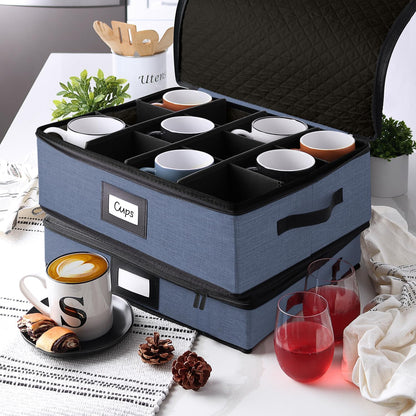 Hearth & Harbor Coffee Mug Storage, Quilted and Stackable Coffee Cup Storage Organizer for Service of 12, Mug Storage Box with Dividers, China Containers Hard Shell for Moving and Organization, Blue