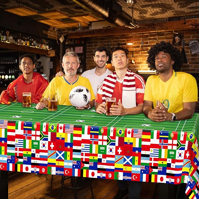 6 Pcs Soccer Tablecloths for Birthday Party Decorations 54 X 108 Inch, Disposable Plastic Table Cover, 2026 Around the World Flags Green Rectangle Tableware Set for Sports Theme Game Party Supplies