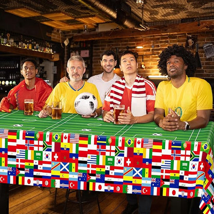 6 Pcs Soccer Tablecloths for Birthday Party Decorations 54 X 108 Inch, Disposable Plastic Table Cover, 2026 Around the World Flags Green Rectangle Tableware Set for Sports Theme Game Party Supplies