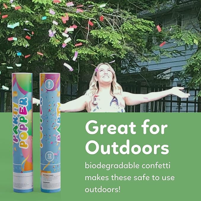 Biodegradable Confetti Poppers Cannon | 2 Pack | Multicolor | Party Poppers for Graduation, Birthday, Wedding | Alternative to Fireworks Smoke Bombs | Launches 25 ft | 12 inch | TUR Party Supplies