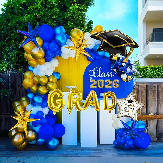 Royal Blue and gold Graduation Balloon Garland Kit with Gaduation cap diploma and explosion star foil balloons for Luxurious Graduation Party Decorations the Class of 2026 supplies
