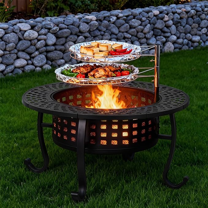 FDW 36 Inch Fire Pit with 2 Adjustable Grills, Wood Burning Outdoor Fire Pit with Lid, Poker & Waterproof Cover, 3-in-1 Fire Pit Table for BBQ, Bonfire & Patio Dining