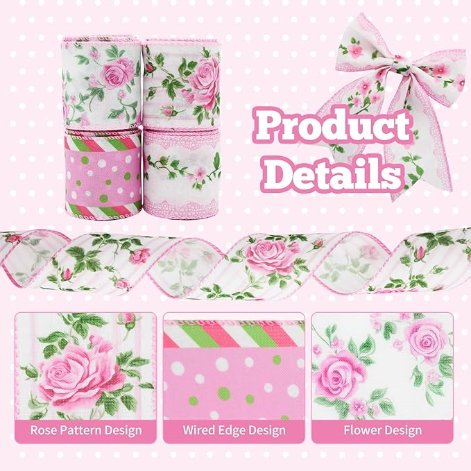 4 Rolls Pink Rose Floral Wired Edge Ribbon – 2.5 Inch, 5 Yards Each, Summer Grosgrain Set for Wedding Decor, Gift Wrapping, DIY Crafts