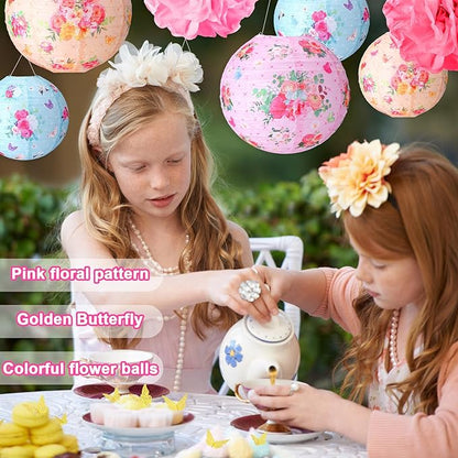Rossesay 31 Pcs Tea Party Decorations Lanterns and Poms for Spring Fancy Party Decor 9 Flower Lantern 9 Tissue Bloom Poms 12 Butterfly Thread for Tea Garden Floral Birthday Wedding Bridal Shower