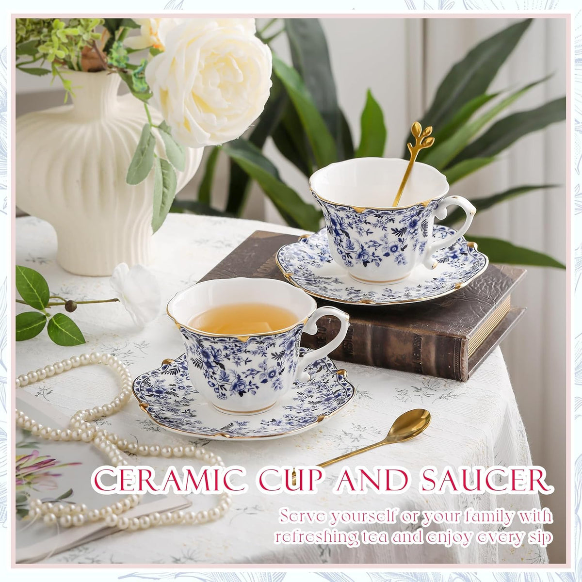 TATSUMI Country Roses Bone China Tea Cup and Saucer Set, 6 Pieces, Vintage Style, For Women and Tea Parties（QH, 2 SETS）