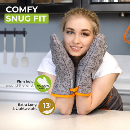 Premium Heat-Resistant Oven Mitts - Stylish and Beautiful - Non-Slip Platinum Silicone Grip - Long and Thick
