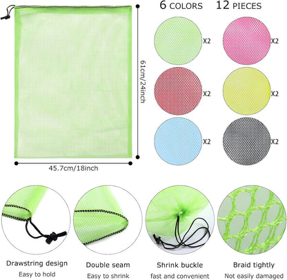 12Pcs Mesh Laundry Drawstring Bag,Nylon Drawstring Gym Bag with Cord Lock Closure 18"X24"
