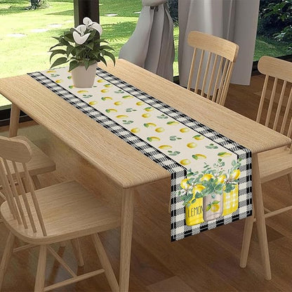 Lemon Table Runner, Farmhouse Black Buffalo Plaid Seasonal Summer Spring Fruits Lemon Coffee Table Center Decor for Home Kitchen Dining Party Patio Indoor Outdoor Table Decorations, 13"x108" Inch