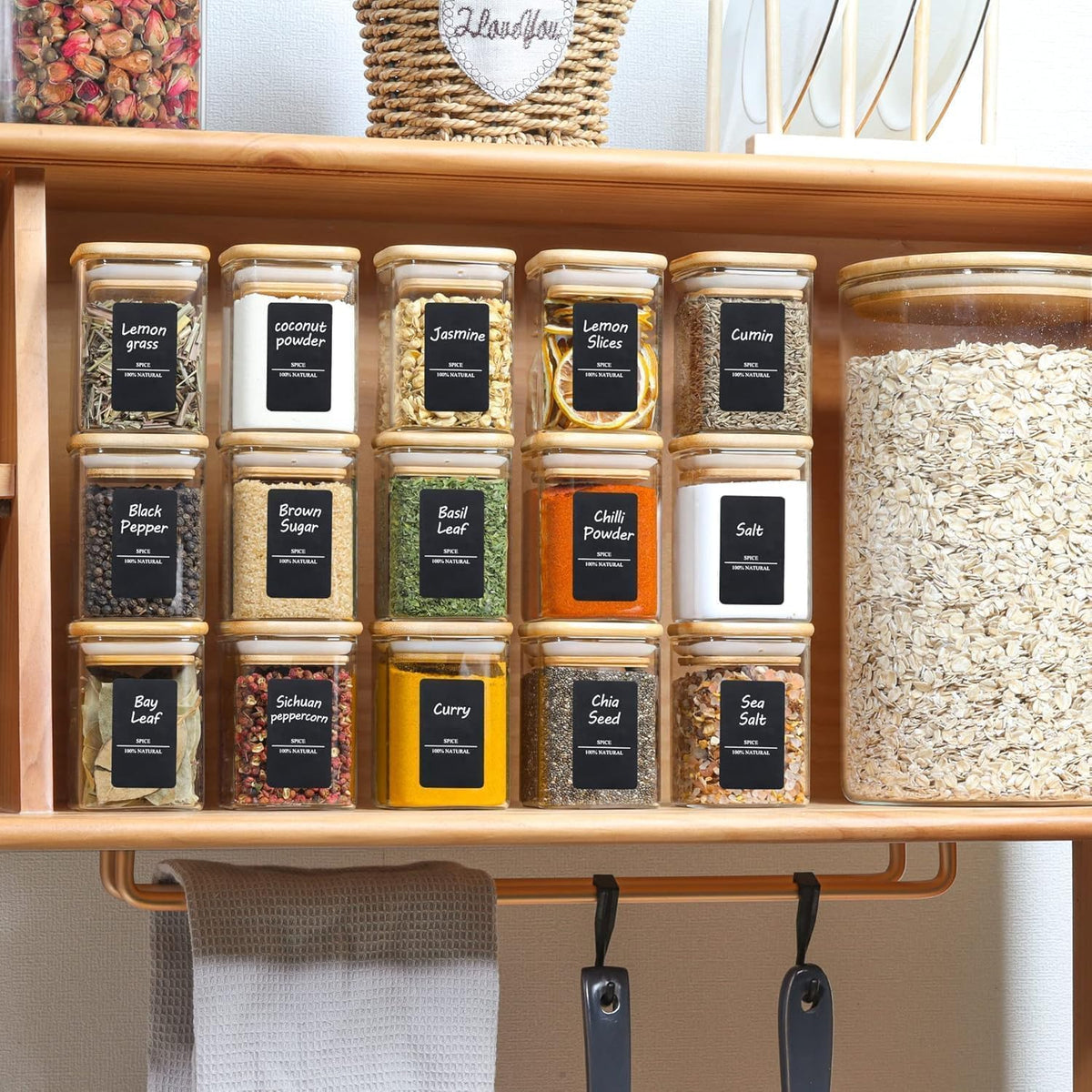 ComSaf Spice Jars with Labels 6 oz 12Pack, Small Spice Containers Starter Set, Glass Seasoning Jars with Lids, Square Seasoning Containers for Salt