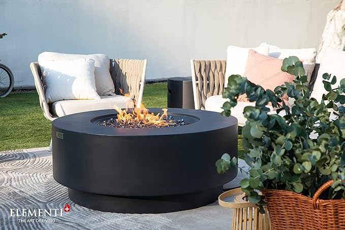 Elementi+ | Nimes Gas Fire Pit Cast Concrete 40" Dia. Round Fire Table, Outdoor Fire Pit Electronic Ignition | Canvas Cover, Fire Glass and Burner Lid Included | Dark Gray | Natural Gas