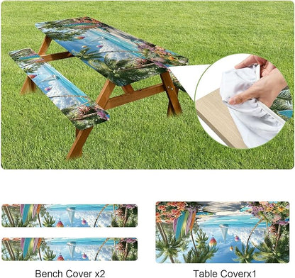 ANNA QUEEN Hot Air Balloon Summer Flower Picnic Table Cover 6FT with Bench Covers Picnic Table Cover Set 3PCS 72"x30", Outdoor Bench and Tablecloth Furniture Protection