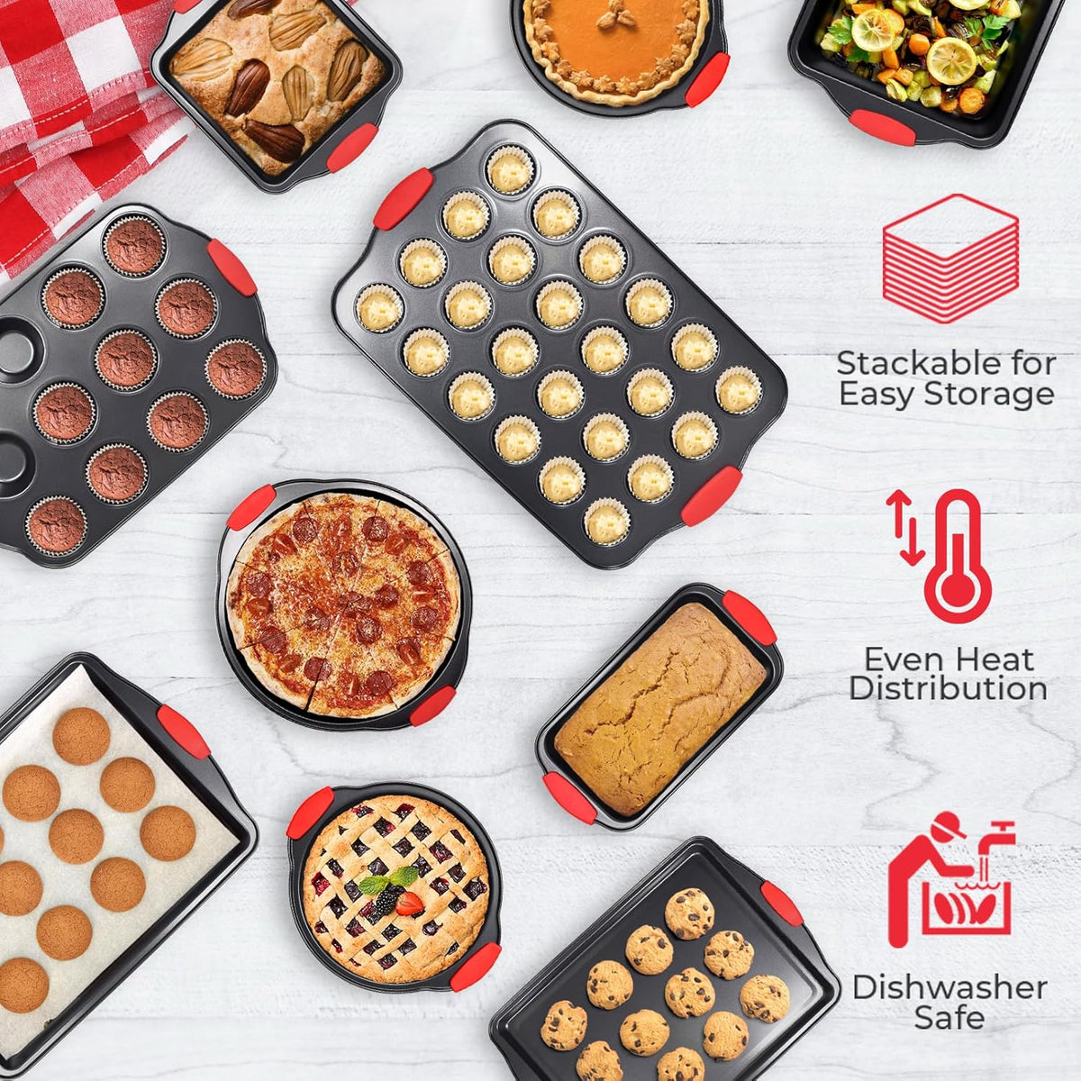 Perlli Non-Stick 10-Piece Baking Pan Set, BPA-Free Carbon Steel Bakeware Set with Silicone Handles, Stackable Kitchen Oven Set, Cookie Sheet