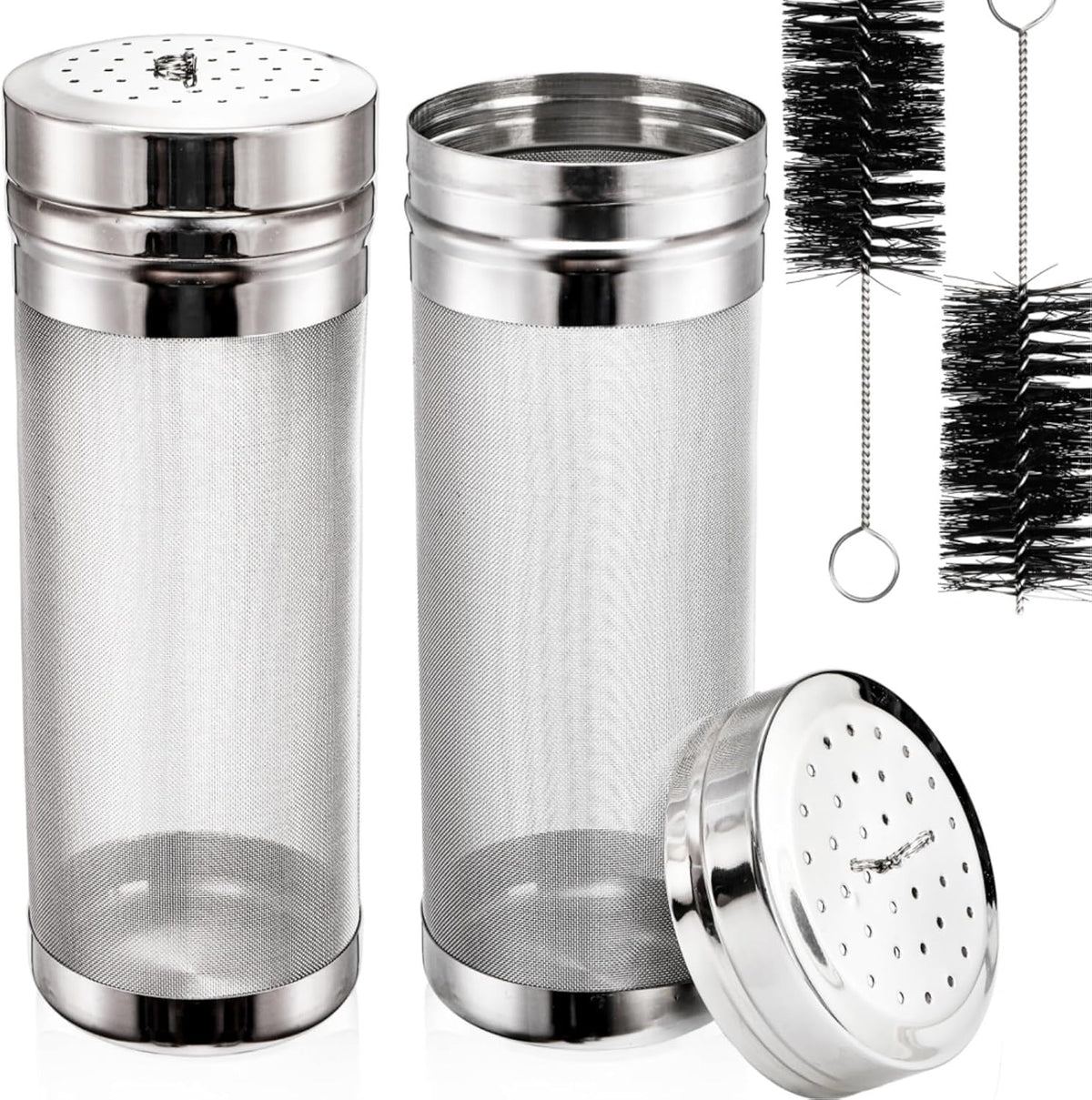 2 Pack Beer Dry Hopper Filters, 2.8 x 7 inch 300 Micron Mesh Hop Strainer with Lid, Stainless Steel Beer Hop Spider with Nylon Bristles