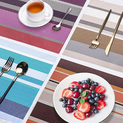 Set of 6 Colorful Striped Vinyl Placemats Heat-Resistant Washable Placemats Non-Slip Woven Table Mats Wipeable Placemat for Kitchen Dining Table Decoration Indoor Outdoor (Violet Purple)
