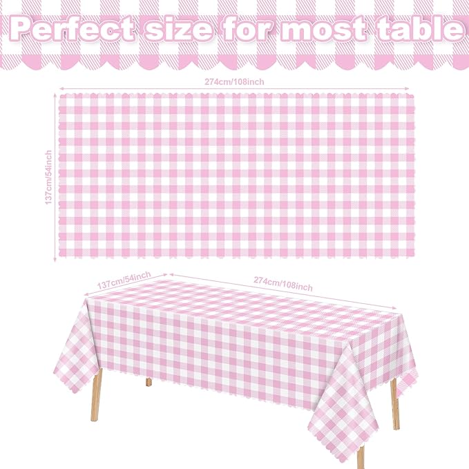 6 Pack Pink and White Checkered Tablecloth, 54 X 108Inch Plastic Red Gingham Table Cloth Waterproof Red Checkered Table Cover for Easter Mother's Day Wedding Birthday Anniversay Baby Bridal Shower