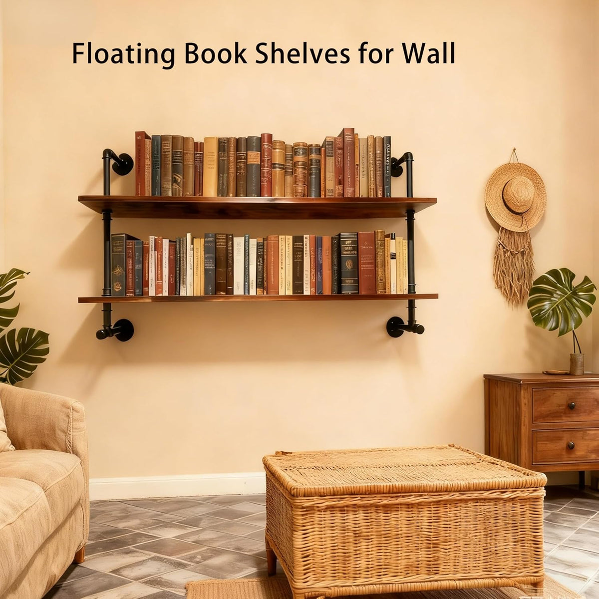 Rogmars Industrial Pipe Solid Wooden Floating Book Shelves for Living Room Wall Shelving Kitchen Wall Shelves Bar Shelving 48 inch Rustic Farmhouse