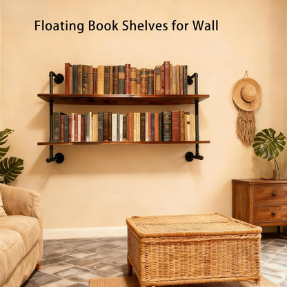 Rogmars Industrial Pipe Solid Wooden Floating Book Shelves for Living Room Wall Shelving Kitchen Wall Shelves Bar Shelving 48 inch Rustic Farmhouse