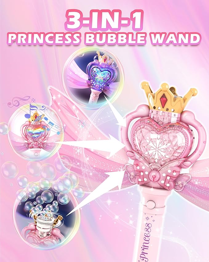 Princess Bubble Wand for Girls, Light Up Bubble Maker with Music & LED Lights, Automatic Bubble Blower Toy with Wings, Leak-Proof Bubble Machine for Kids Outdoor Birthday Party Gifts