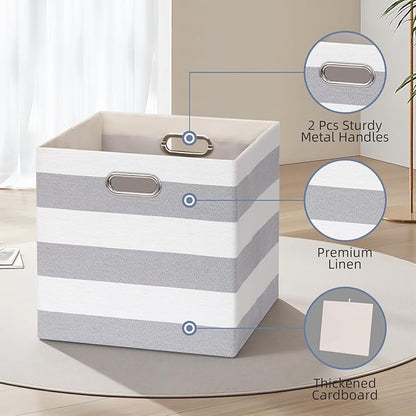 13x13x13 Storage Cube Bins, Foldable Storage Cubes Cubby Baskets Organizer Cloth Bins for Cube Storage Organizing Shelf Closet, Pack of 4, Gray/White Stripe