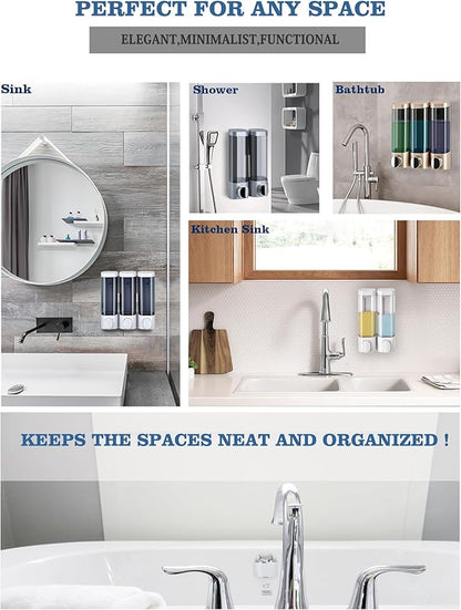RANKADO Luxury Shower Soap Dispenser Bathroom with Tray,Drill Free Shampoo and Conditioner Dispenser with Mounting Tapes,Shower Soap Dispenser with Labels,Shampoo Dispenser for Shower Wall (Gold)