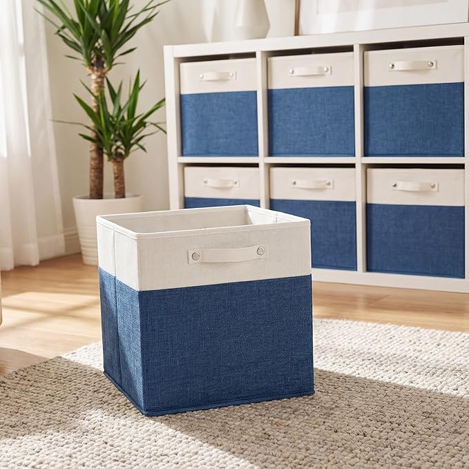 FinishingBo 13x13x13 Inches Fabric Storage Bin with Handles, Cube Storage Bins, Storage Baskets for Organizing Shelf Home Closet,6 Pack (White and Blue)