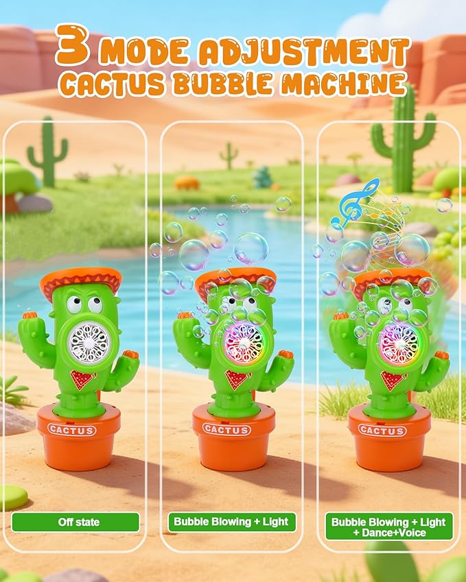 Vodolo Cactus Bubble Machine for Kid, Handheld Automatic Bubble Blower with Lights and Music， Swing Dance Bubble Maker Blower Blaster Outdoor Toys