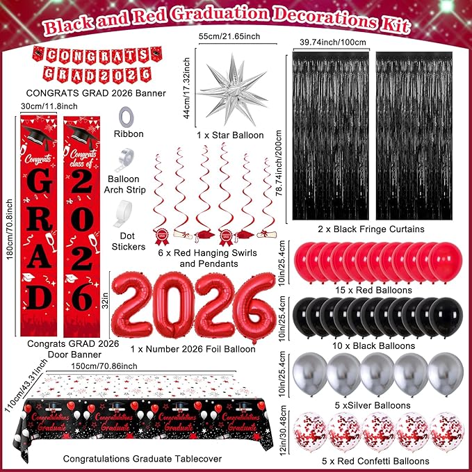 Graduation Decorations 2026, Red and Black Grad Decorations Class of 2026, Graduation Party Decorations with Congrats GRAD 2026 Banner Tablecover Balloons for High School Senior Nurse College